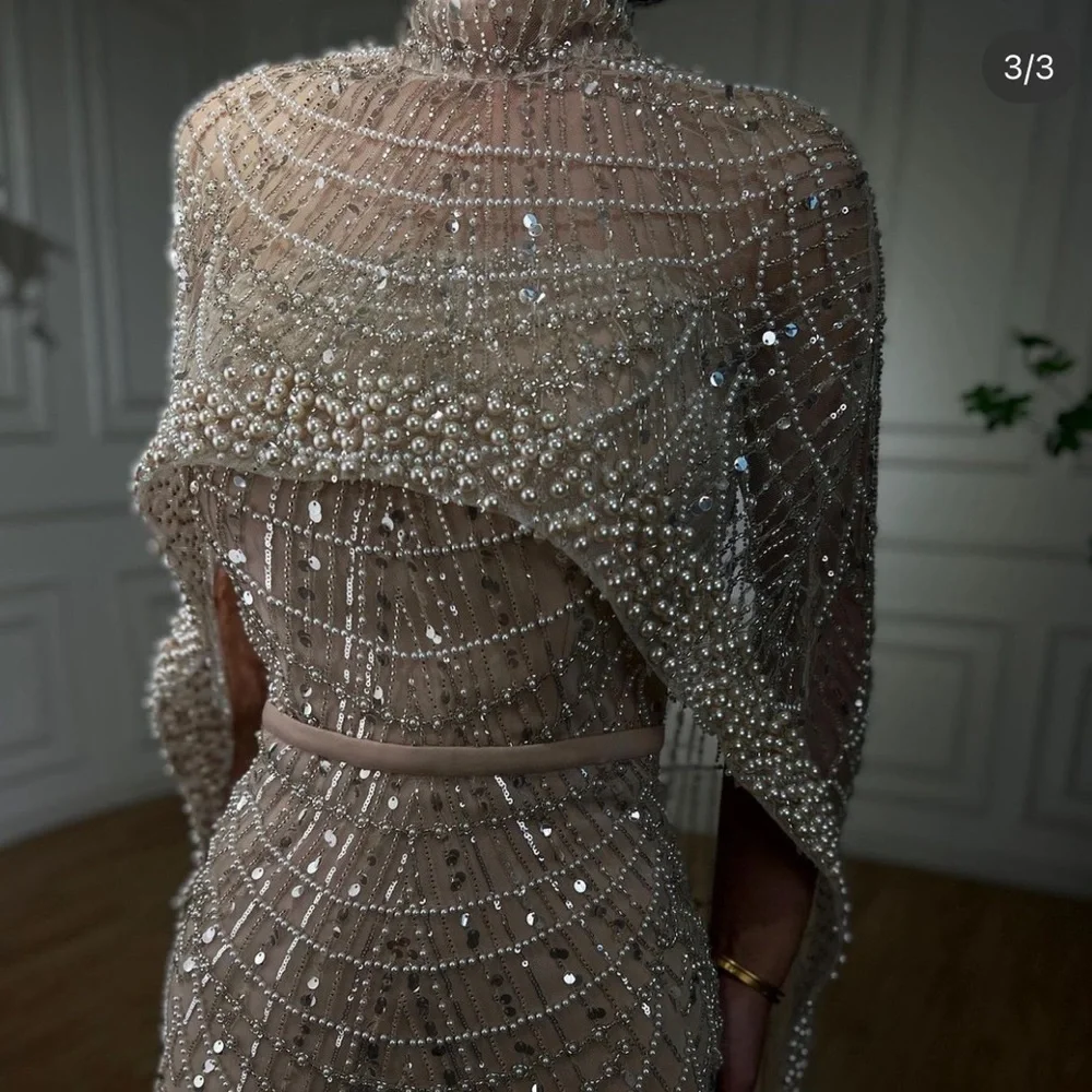Dubai Arabia Nude Mermaid Long Cape Luxury Evening Dresses Gowns - Picture 1 of 16